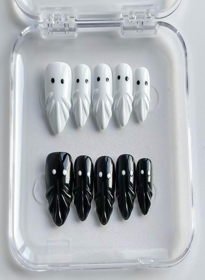 MABKJLF Halloween Luxury Press on Nails Long Almond Handmade 3D Unique Reusable ABS Material Fake Nails Black&White False Nails with Ghost Designs Cute Glossy Glue on Nail Thick Acrylic Nail(S) - Image 2